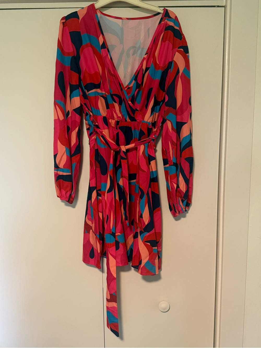 SHEIN Pink & Blue Abstract Wrap Dress